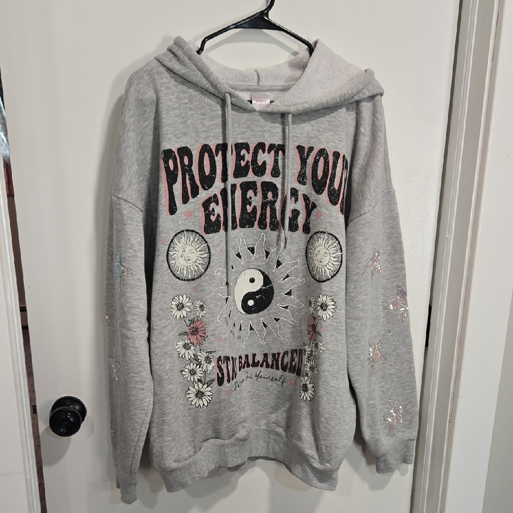 No Boundaries Gray Graphic Hoodie with Cowl Neck